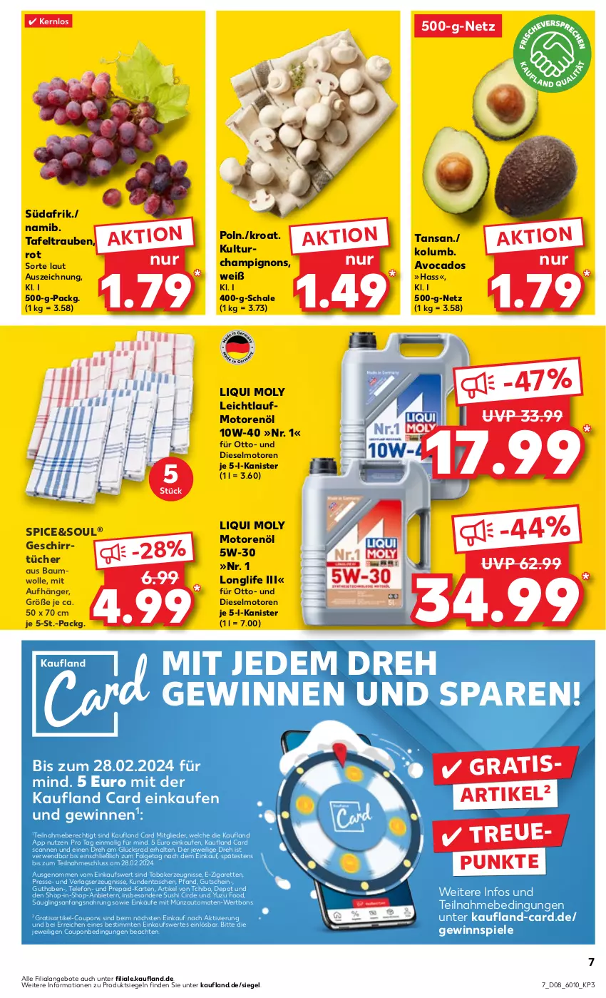 Aktueller Prospekt Kaufland - Prospekt - von 22.02 bis 28.02.2024 - strona 7 - produkty: angebot, angebote, auto, avocado, avocados, Bau, baumwolle, champignon, champignons, coupon, coupons, die kaufland, Diesel, geschirr, geschirrtücher, gewinnspiel, gutschein, kerze, LG, longlife, motorenöl, rwe, Schal, Schale, Spiele, Sushi, tafeltrauben, Tasche, taschen, Tchibo, telefon, Ti, tomate, tomaten, trauben, tücher, wolle