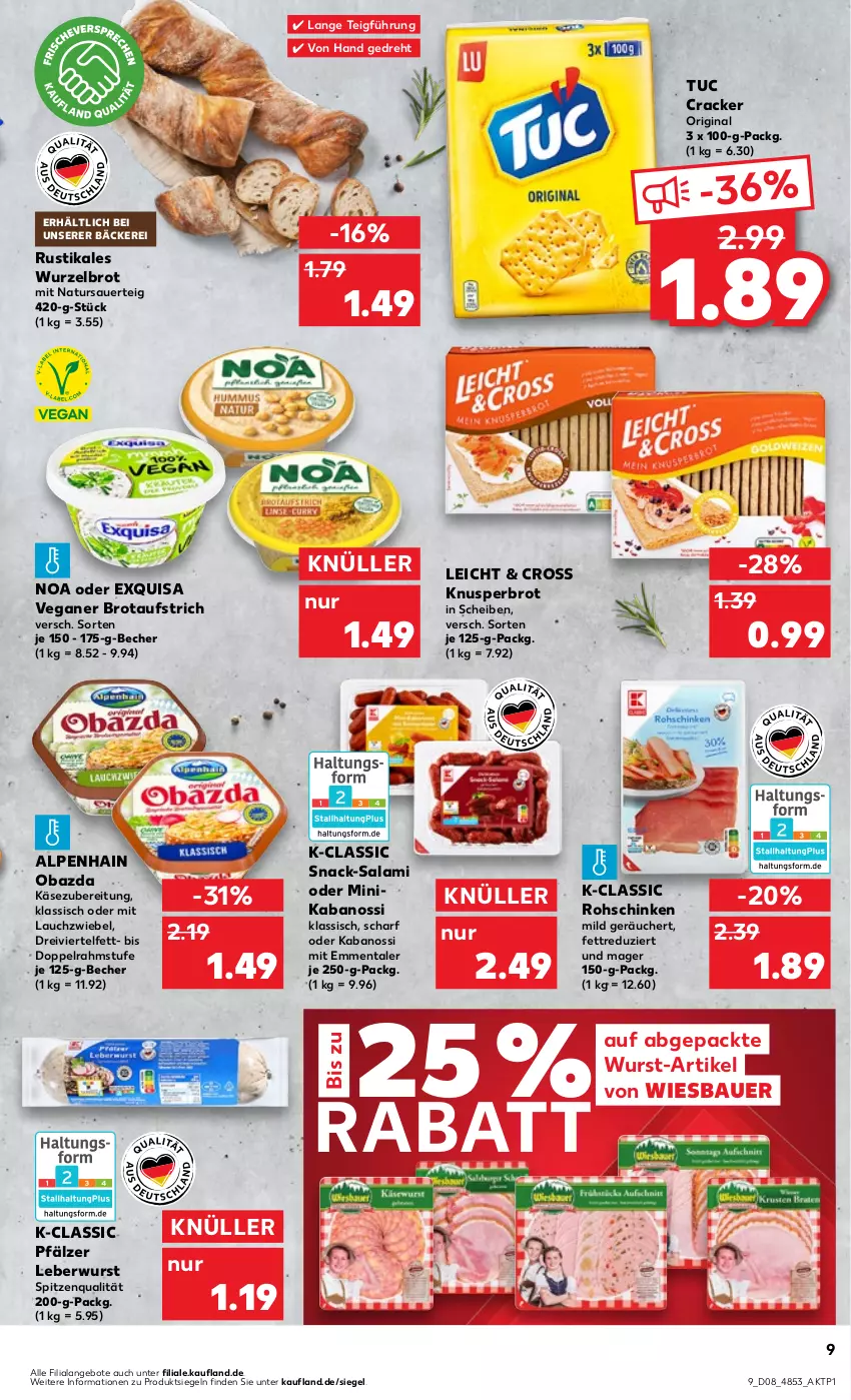 Aktueller Prospekt Kaufland - Prospekt - von 22.02 bis 28.02.2024 - strona 9 - produkty: Alpenhain, angebot, angebote, auer, aufstrich, Bau, Bauer, Becher, brot, brotaufstrich, cracker, doppelrahmstufe, emmentaler, exquisa, gin, kabanos, Käse, Lauchzwiebel, leberwurst, natur, obazda, rohschinken, salami, schinken, snack, spitzenqualität, Ti, tuc, wiesbauer, wurst, zwiebel