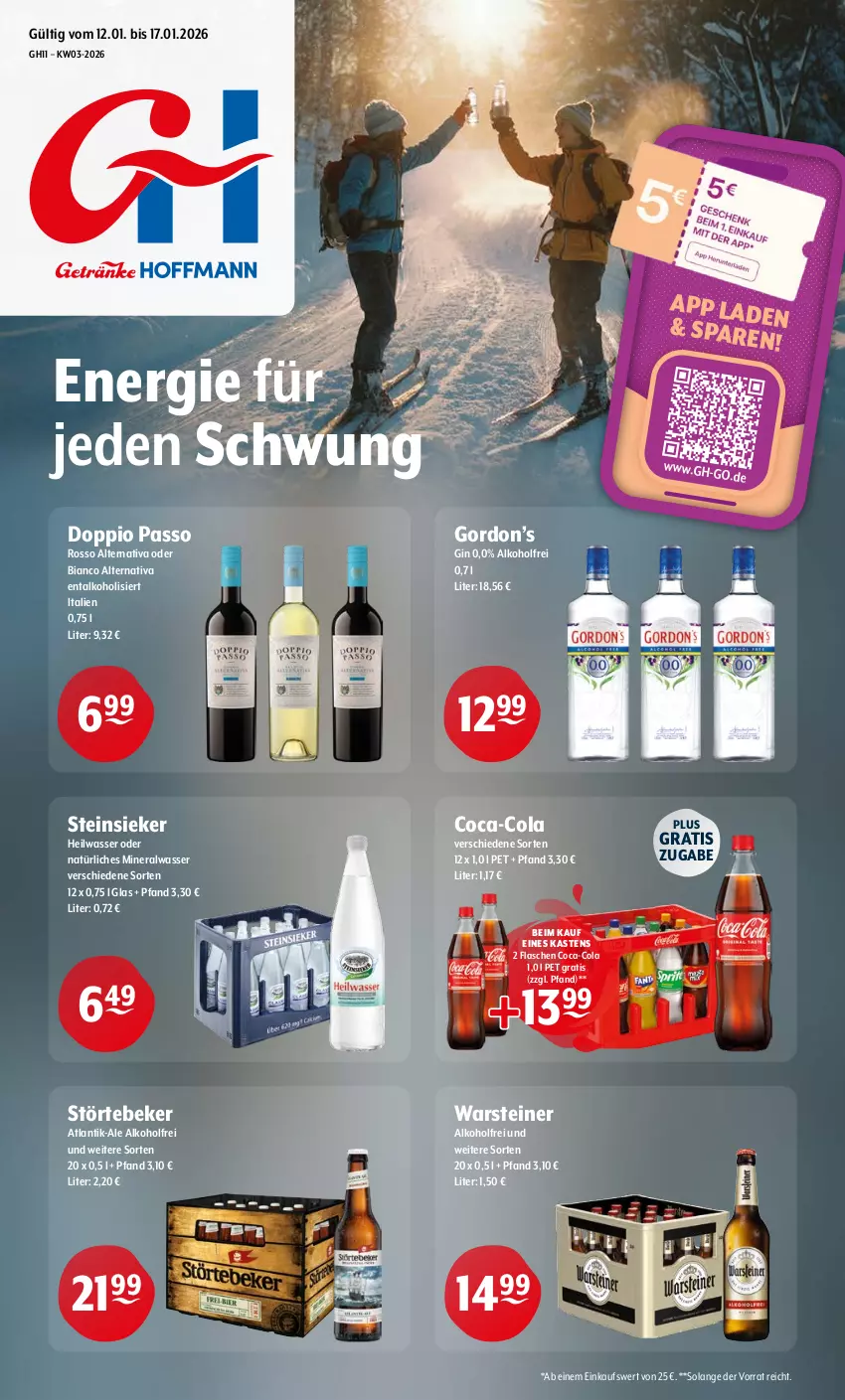 Aktueller Prospekt Getraenke Hoffmann - Prospekte - von 12.01 bis 17.01.2026 - strona 1 - produkty: alkohol, Alwa, coca-cola, cola, doppio passo, flasche, gin, gordon, Gordon’s, mineralwasser, natürliches mineralwasser, passo, steiner, Steinsieker, störtebeker, Ti, warsteiner, wasser