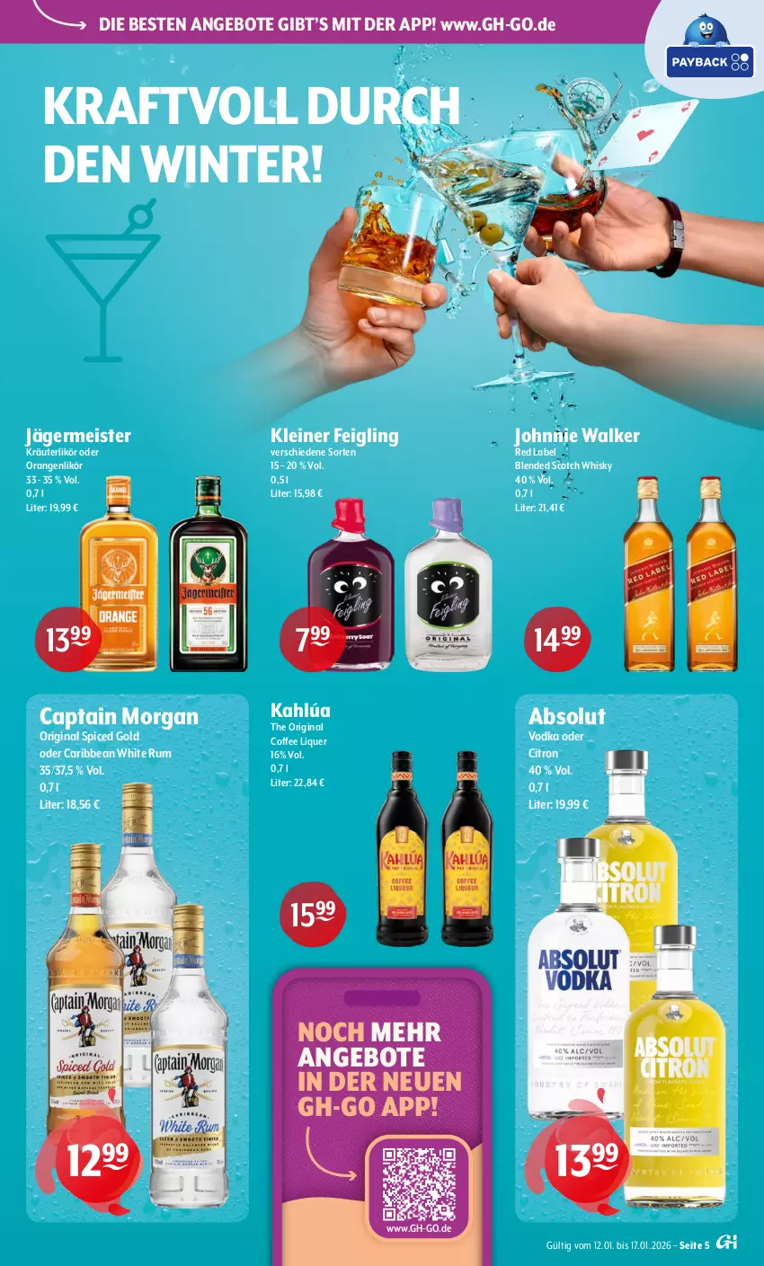 Aktueller Prospekt Getraenke Hoffmann - Prospekte - von 12.01 bis 17.01.2026 - strona 5 - produkty: angebot, angebote, blended scotch, blended scotch whisky, Cap, captain morgan, eis, Germ, gin, jägermeister, johnnie walker, kleiner feigling, kraft, kräuter, kräuterlikör, leine, likör, Meister, orange, orangen, original spiced gold, rum, scotch, scotch whisky, Ti, vodka, whisky, white rum
