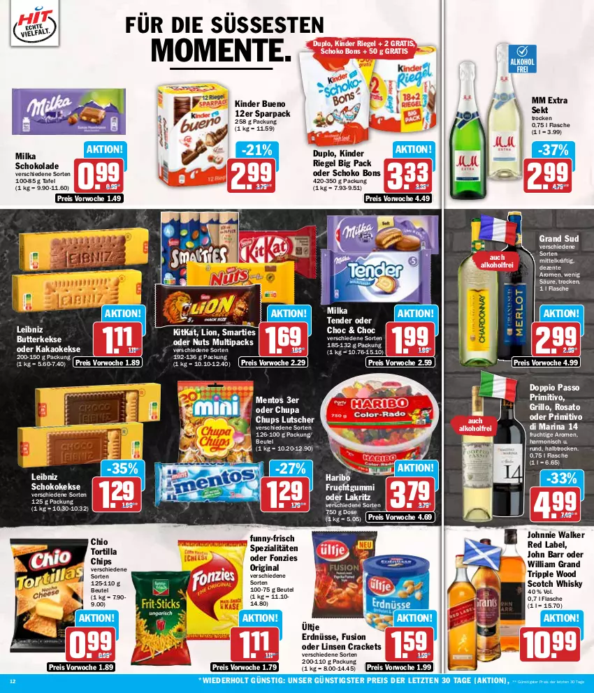 Aktueller Prospekt Hit - Wochenprospekt - von 29.07 bis 03.08.2024 - strona 12 - produkty: alkohol, beutel, butter, butterkeks, chips, chupa, chupa chups, doppio passo, duplo, eis, ente, erdnüsse, flasche, frucht, fruchtgummi, funny-frisch, gin, grand sud, grill, grillo, haribo, John Barr, johnnie walker, kakao, keks, kekse, Kinder, kinder bueno, kinder riegel, kitkat, Lakritz, leibniz, linsen, lion, Lutscher, mentos, milka, milka schokolade, mm extra, oder lakritz, passo, primitivo, reis, riegel, rosato, schoko, schokolade, scotch, scotch whisky, sekt, smarties, Spezi, tender, Ti, tortilla, Tortilla Chips, ültje, ültje erdnüsse, whisky, ZTE