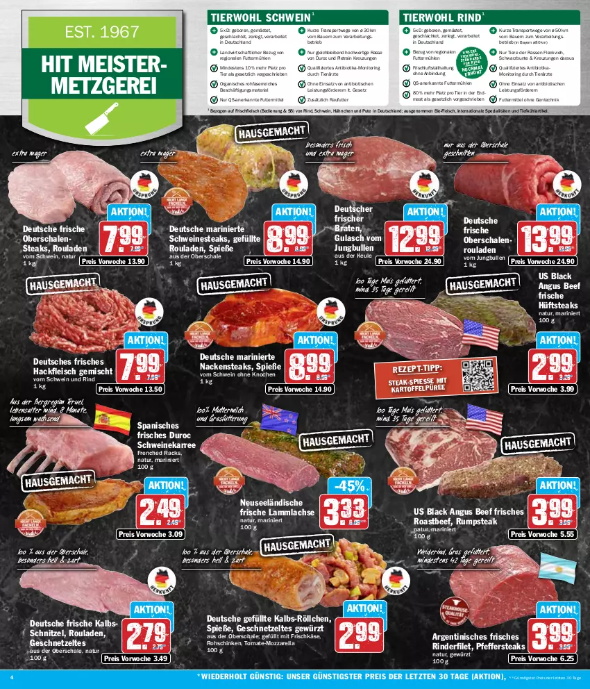 Aktueller Prospekt Hit - Wochenprospekt - von 29.07 bis 03.08.2024 - strona 4 - produkty: auer, Bau, Bauer, beef, bio, braten, eis, ente, filet, fleisch, frischkäse, Geflügel, geschnetzeltes, gewürz, gulasch, hackfleisch, hackfleisch gemischt, hüftsteak, hüftsteaks, jungbullen, kalbsschnitzel, kartoffel, Kartoffelpüree, Käse, lachs, lack, lamm, lammlachse, mais, Meister, milch, monitor, mozzarella, Nackensteak, nackensteaks, natur, Nestea, Oberschalenrouladen, pfeffer, püree, pute, reis, rel, Ria, rind, rinder, rinderfilet, ring, roastbeef, rohschinken, rouladen, rum, rumpsteak, Schal, Schale, schinken, schnitten, schnitzel, schwein, schwein und rind, schweine, Spezi, Sport, steak, steaks, Ti, Tiere, tisch, tomate, vom schwein und rind, wein, weine, Zelt, ZTE