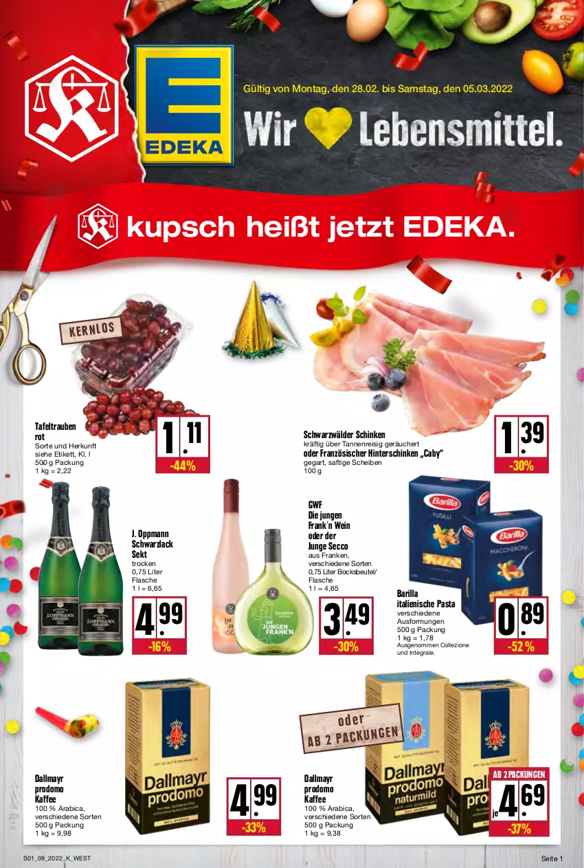 Aktueller Prospekt Kupsch - Angebote der Woche - von 28.02 bis 05.03.2022 - strona 1 - produkty: barilla, beutel, dallmayr, dallmayr prodomo, deka, ecco, eis, flasche, hinterschinken, italienische pasta, kaffee, lack, pasta, prodomo, reis, saft, schinken, schwarzwälder schinken, sekt, tafeltrauben, Ti, trauben, wein