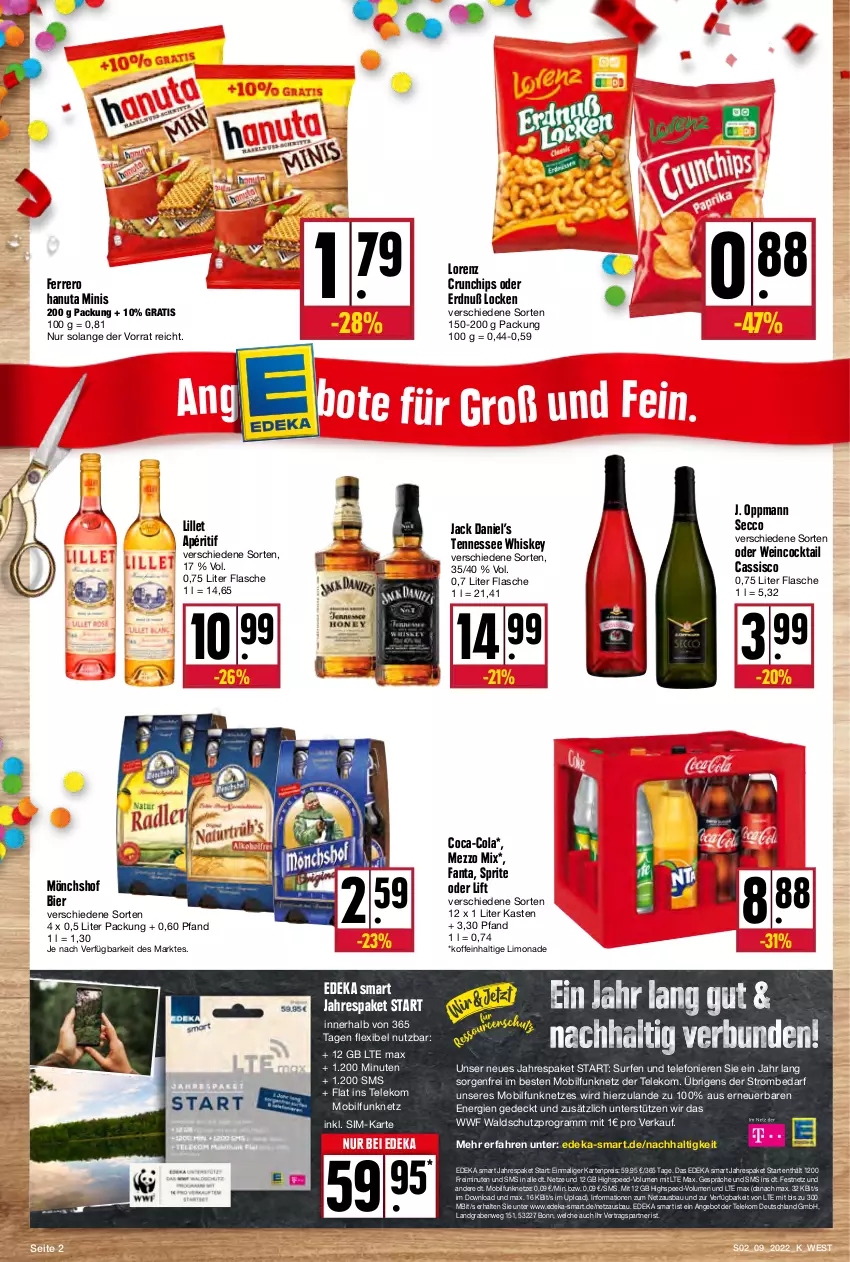 Aktueller Prospekt Kupsch - Angebote der Woche - von 28.02 bis 05.03.2022 - strona 2 - produkty: angebot, Bau, bier, cassis, chips, coca-cola, cocktail, cola, crunchips, deka, ecco, eis, fanta, ferrero, flasche, hanuta, jack daniel, Jack Daniel’s, lillet, limo, limonade, lorenz, lorenz crunchips, Mezzo Mix, mönchshof, reis, sim, spee, sprite, Surf, telefon, tennessee whiskey, Ti, usb, wein, whiskey