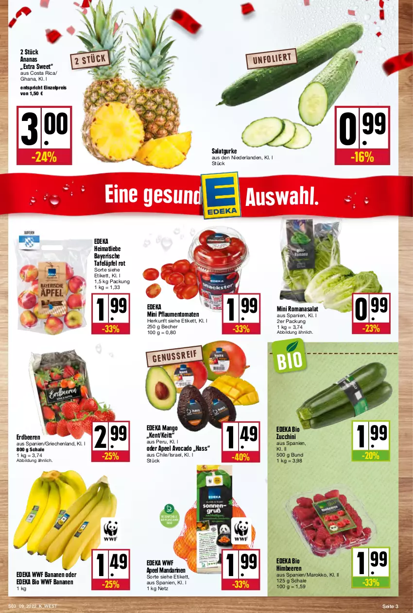 Aktueller Prospekt Kupsch - Angebote der Woche - von 28.02 bis 05.03.2022 - strona 3 - produkty: ananas, avocado, banane, bananen, Becher, beere, beeren, bio, deka, edeka bio, eis, erdbeere, erdbeeren, gurke, himbeer, himbeere, himbeeren, mandarine, mandarinen, mango, pflaume, pflaumen, reis, Romanasalat, salat, Salatgurke, Schal, Schale, tafeläpfel, Ti, tomate, tomaten, zucchini