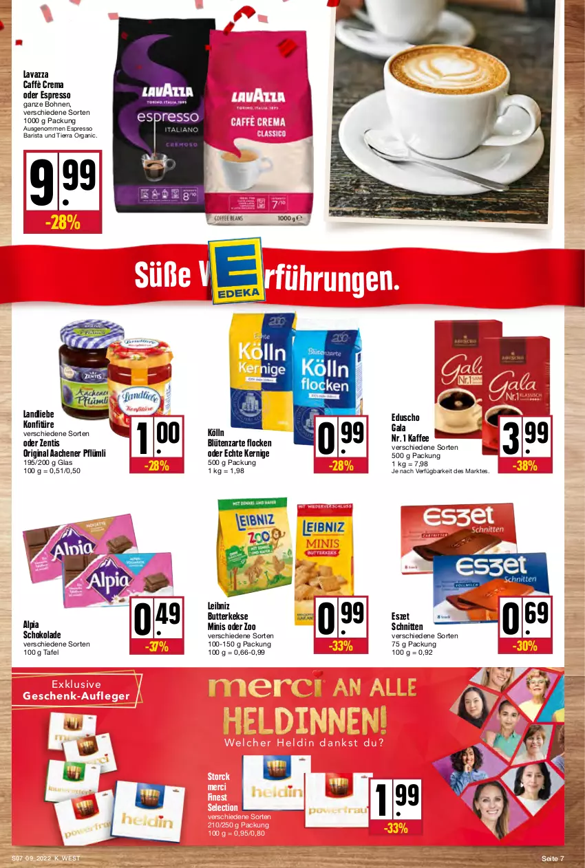 Aktueller Prospekt Kupsch - Angebote der Woche - von 28.02 bis 05.03.2022 - strona 7 - produkty: alpia, Blüte, bohne, bohnen, butter, butterkeks, caffè crema, eduscho, espresso, gin, kaffee, keks, kekse, kölln, konfitüre, landliebe, lavazza, leibniz, merci, oder espresso, schnitten, schoko, schokolade, storck, Ti, zentis