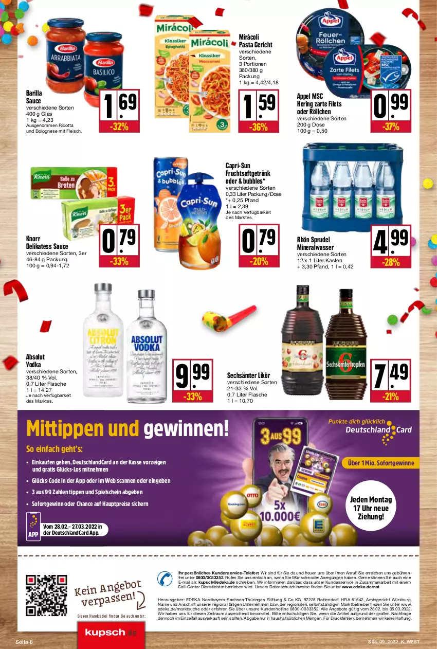 Aktueller Prospekt Kupsch - Angebote der Woche - von 28.02 bis 05.03.2022 - strona 8 - produkty: Absolut Vodka, Alwa, angebot, angebote, barilla, bolognese, Cap, capri-sun, deka, delikatess sauce, deutschlandcard, eis, ente, filet, filets, flasche, fleisch, frucht, fruchtsaft, fruchtsaftgetränk, getränk, hering, knorr, likör, mineralwasser, Mirácoli, pasta, reis, ricotta, ring, sac, saft, sauce, Sprudel, telefon, Ti, uhr, vodka, wasser