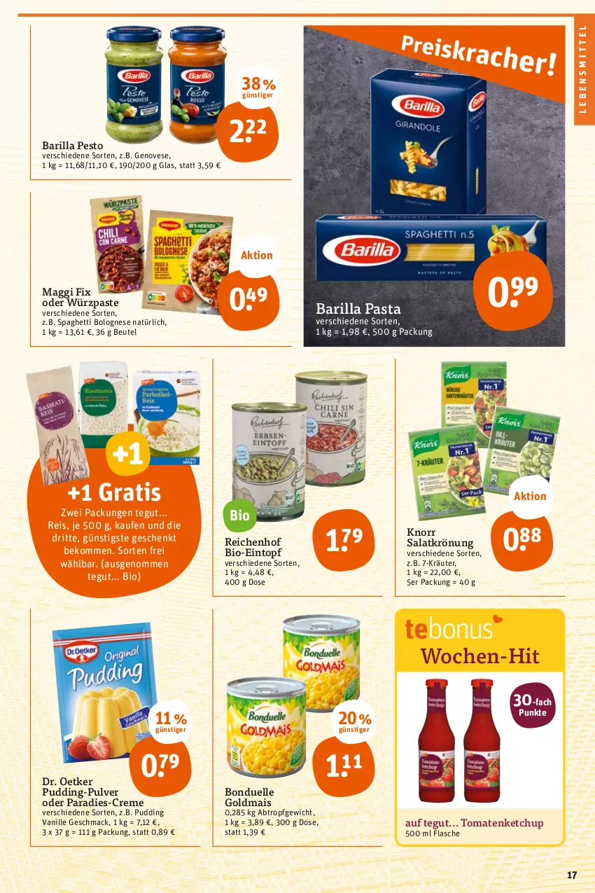 Aktueller Prospekt Tegut - Angebote der Woche - von 22.08 bis 27.08.2022 - strona 17 - produkty: barilla, beko, beutel, bio, bolognese, bonduelle, bonduelle goldmais, creme, Dr. Oetker, eintopf, eis, elle, flasche, genovese, Goldmais, ketchup, knorr, kräuter, lebensmittel, mac, maggi, maggi fix, mais, pasta, pesto, pudding, reis, salat, salatkrönung, spaghetti, spaghetti bolognese, Ti, tomate, tomaten, tomatenketchup, topf, vanille