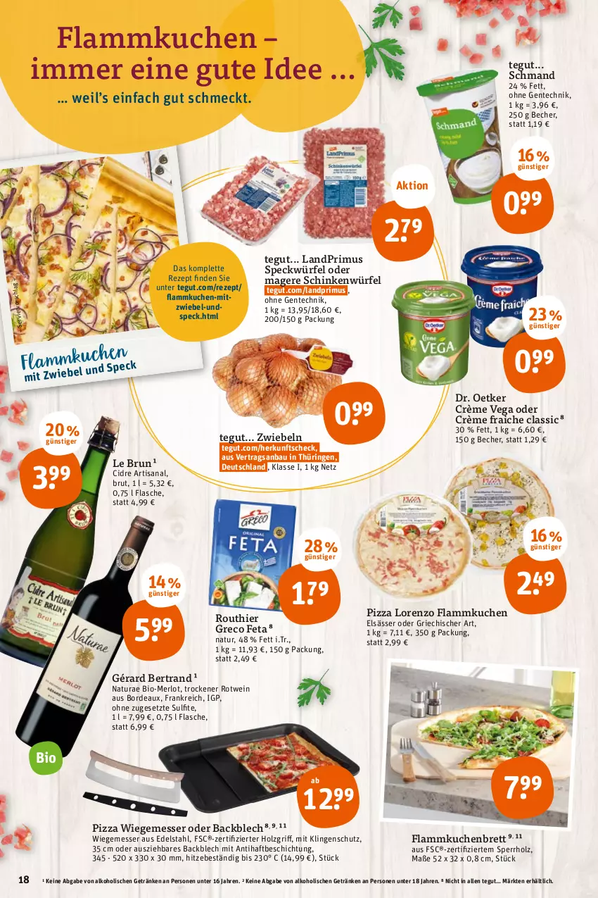 Aktueller Prospekt Tegut - Angebote der Woche - von 22.08 bis 27.08.2022 - strona 18 - produkty: alkohol, Bau, Becher, bio, brut, Dr. Oetker, edelstahl, ente, feta, flammkuchen, flasche, getränk, getränke, Holz, isana, kuchen, lamm, landprimus, lorenz, merl, merlot, messer, natur, natura, pizza, rezept, ring, rotwein, sana, schinken, schmand, Speck, Ti, wein, würfel, ZTE, zwiebel, zwiebeln