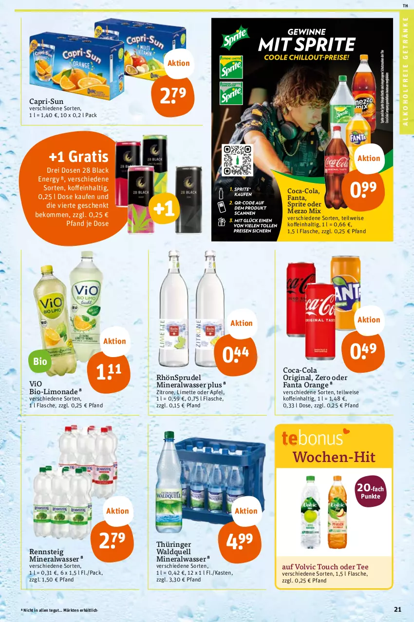 Aktueller Prospekt Tegut - Angebote der Woche - von 22.08 bis 27.08.2022 - strona 21 - produkty: alkohol, alkoholfreie getränke, Alwa, apfel, beko, bio, Cap, capri-sun, coca-cola, cola, eis, fanta, flasche, getränk, getränke, gin, lack, limette, limo, limonade, Mett, Mezzo Mix, mineralwasser, orange, RhönSprudel, ring, sprite, Sprudel, tee, Ti, volvic, wasser, zitrone