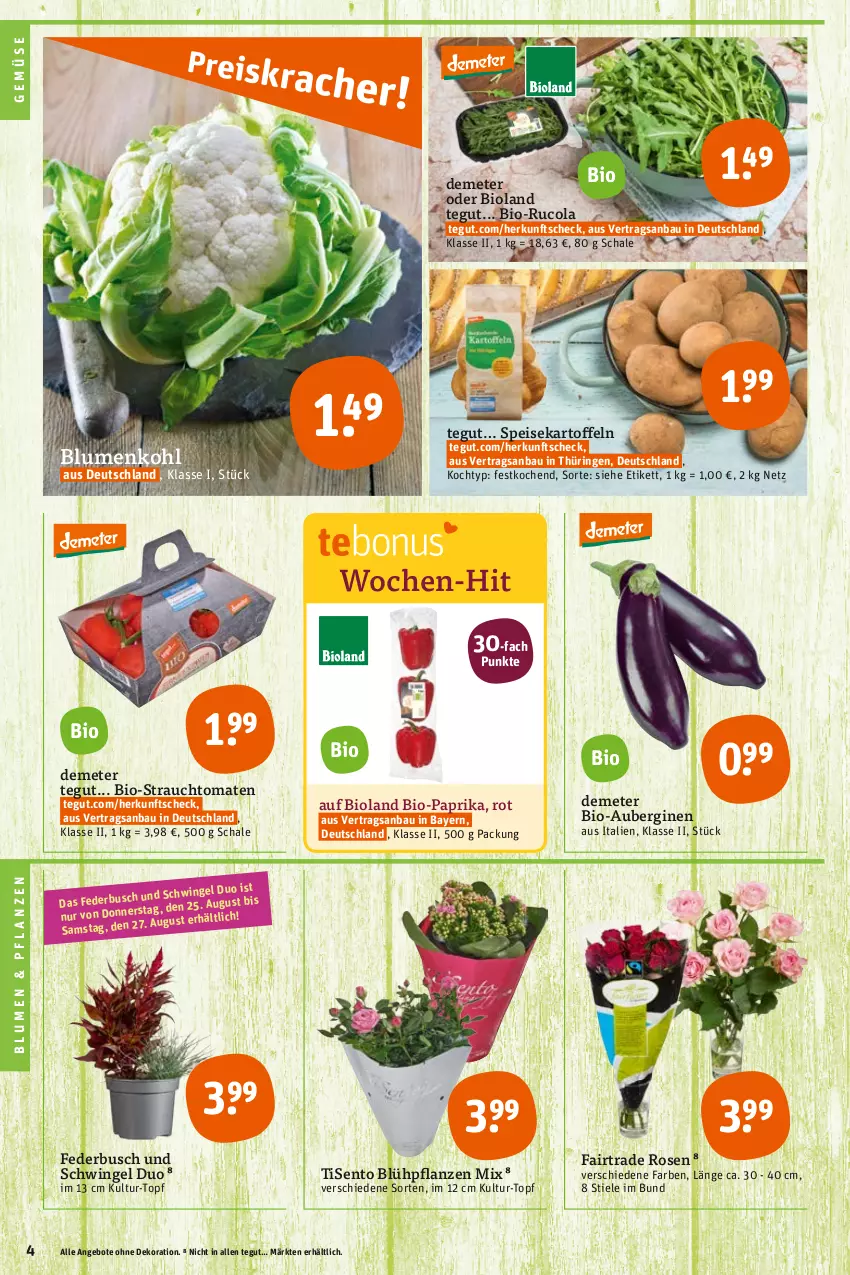 Aktueller Prospekt Tegut - Angebote der Woche - von 22.08 bis 27.08.2022 - strona 4 - produkty: angebot, angebote, aubergine, auberginen, Bau, bio, Bio-Paprika, bioland, blume, blumen, blumenkohl, cola, dekoration, eis, gin, HP, kartoffel, kartoffeln, paprika, pflanze, pflanzen, Rauch, ring, rosen, rucola, Schal, Schale, speisekartoffeln, strauchtomaten, Ti, tomate, tomaten, topf