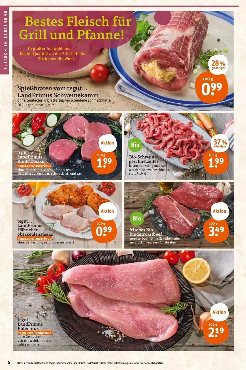 Aktueller Prospekt Tegut - Angebote der Woche - von 22.08 bis 27.08.2022 - strona 6 - produkty: angebot, angebote, beef, bio, braten, dekoration, eis, ente, fleisch, für grill und pfanne, geschnetzeltes, grill, grill und pfanne, landprimus, mac, natur, pfanne, pute, putenbrust, rind, rinder, Rinderkeule, Rindersteak, roastbeef, rwe, saft, schinken, schwein, schweine, steak, steaks, Ti, und pfanne, wein, weine, wurst, Zelt