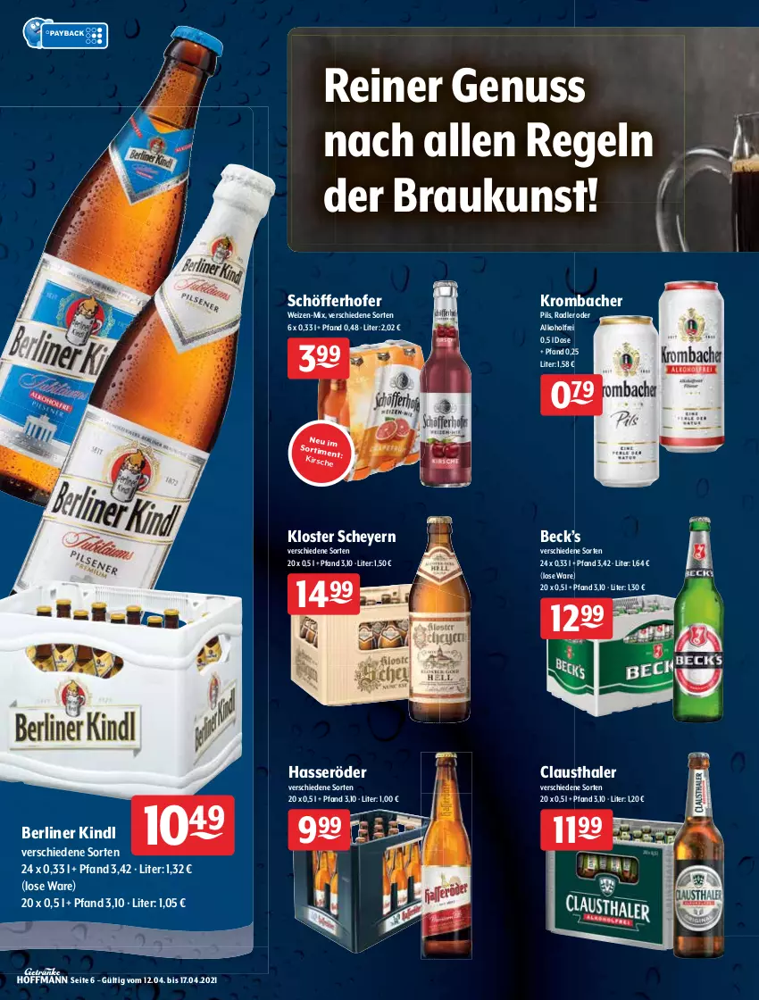 Aktueller Prospekt Getraenke Hoffmann - Prospekte - von 12.04 bis 17.04.2021 - strona 6 - produkty: alkohol, aust, Berger, berliner, berliner kindl, bier, clausthaler, Freiberger, grevensteiner, hasseröder, heineken, kirsch, krombache, krombacher, nuss, oder radler, Paula, paulaner, pils, pilsner, radler, schöfferhofer, steiner, Ti