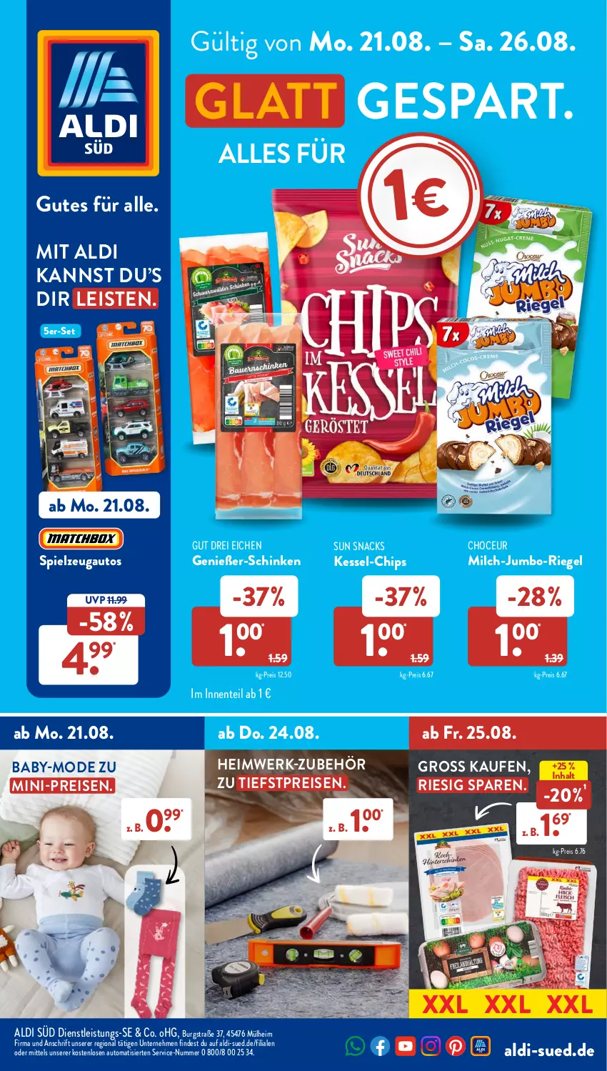 Aktueller Prospekt AldiSud - NÄCHSTE WOCHE - von 21.08 bis 26.08.2023 - strona 1 - produkty: aldi, auto, chips, eis, ente, jumbo, milch, Mode, reis, riegel, schinken, snack, snacks, spielzeug, Sun Snacks, Ti