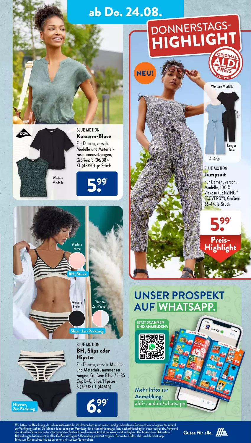 Aktueller Prospekt AldiSud - NÄCHSTE WOCHE - von 21.08 bis 26.08.2023 - strona 21 - produkty: aldi, alle artikel ohne dekoration, bluse, dekoration, dell, ecovero, eis, elle, gin, jumpsuit, kleid, Kleidung, lenzing, Mode, reis, Ria, slip, slips, Ti, ZTE