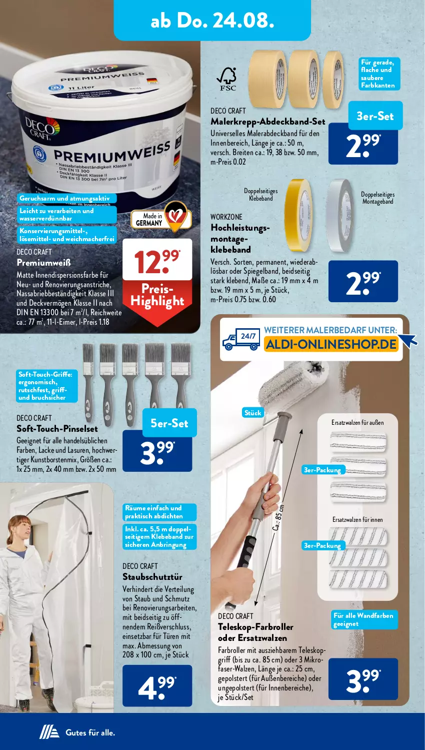 Aktueller Prospekt AldiSud - NÄCHSTE WOCHE - von 21.08 bis 26.08.2023 - strona 22 - produkty: aldi, Beba, Brei, brie, eimer, eis, elle, Farbroller, lack, Lacke, mac, Malerkrepp, mikrofaser, Pinsel, Pinselset, Premiumweiß, reis, ring, Roller, spiegel, Teleskop, Ti, tisch, wasser