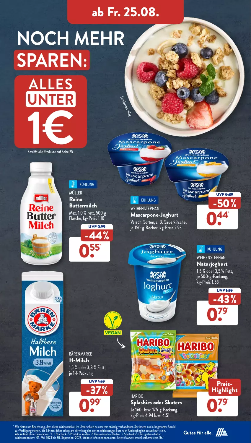 Aktueller Prospekt AldiSud - NÄCHSTE WOCHE - von 21.08 bis 26.08.2023 - strona 25 - produkty: alle artikel ohne dekoration, auer, bärenmarke, Becher, butter, buttermilch, dekoration, eis, flasche, gin, haribo, joghur, joghurt, kirsch, kirsche, mascarpone, milch, Müller, natur, naturjoghurt, reine buttermilch, reis, starbucks, Ti, weihenstephan, ZTE