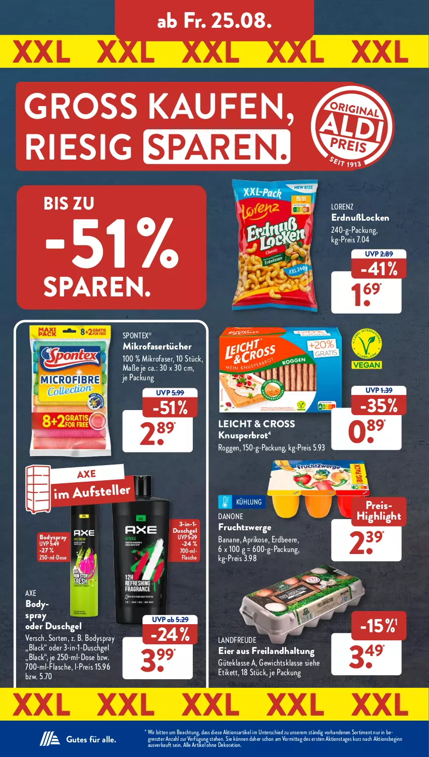 Aktueller Prospekt AldiSud - NÄCHSTE WOCHE - von 21.08 bis 26.08.2023 - strona 28 - produkty: alle artikel ohne dekoration, aprikose, axe, banane, beere, body, bodyspray, brot, danone, dekoration, duschgel, eier, eis, elle, erdbeere, flasche, frucht, fruchtzwerge, gin, lack, lorenz, mikrofaser, Mikrofasertücher, reis, spontex, teller, Ti, tücher, ZTE