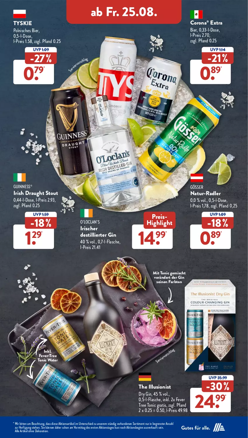 Aktueller Prospekt AldiSud - NÄCHSTE WOCHE - von 21.08 bis 26.08.2023 - strona 31 - produkty: alle artikel ohne dekoration, bier, corona, dekoration, dry gin, eis, fever-tree, flasche, gin, gösser, Guinness, natur, radler, reis, Ti, tonic, tonic water, tyskie, ZTE