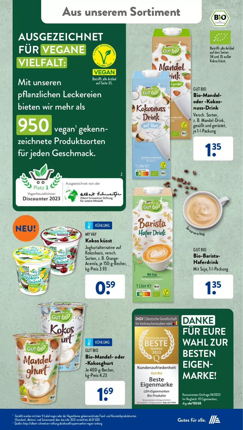 Aktueller Prospekt AldiSud - NÄCHSTE WOCHE - von 21.08 bis 26.08.2023 - strona 35 - produkty: acer, aldi, Becher, bio, blume, drink, eis, elle, ente, hafer, Haferdrink, joghur, joghurt, kokos, kokosnuss, kosmetik, mac, mandel, nuss, orange, reis, soja, Ti