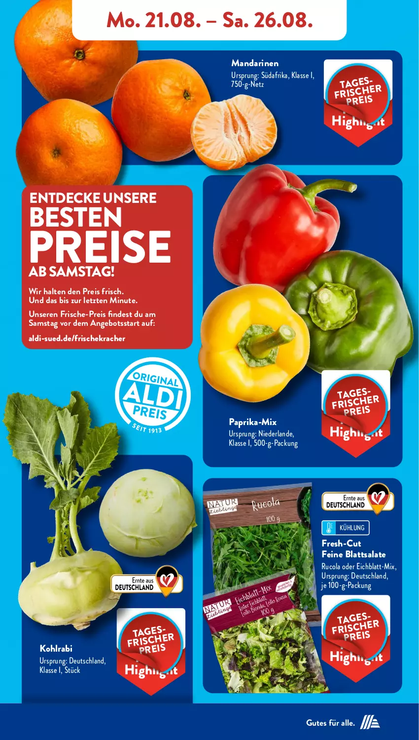 Aktueller Prospekt AldiSud - NÄCHSTE WOCHE - von 21.08 bis 26.08.2023 - strona 5 - produkty: aldi, angebot, cola, decke, eis, kohlrabi, kracher, mandarine, mandarinen, paprika, reis, rucola, salat, salate, ZTE