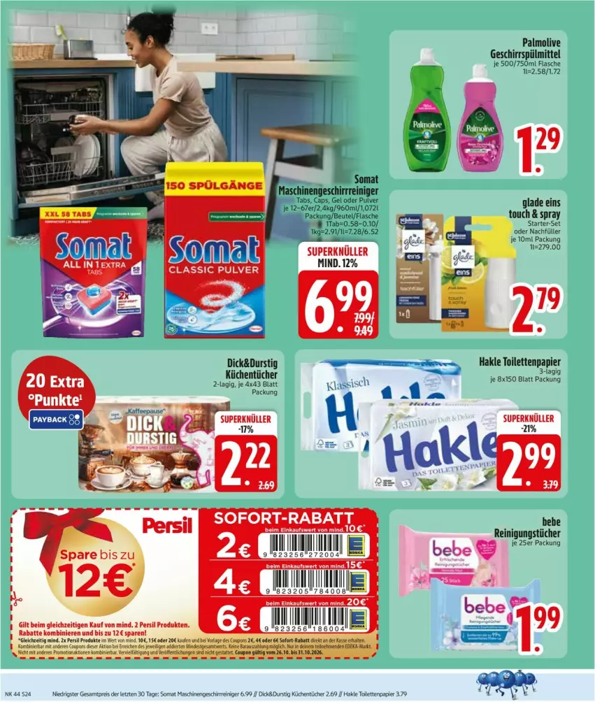 Aktueller Prospekt Edeka - Prospekte - von 26.10 bis 31.10.2026 - strona 26 - produkty: Bebe, Cap, eis, flasche, geschirr, geschirrspülmittel, Glade, hakle, hakle toilettenpapier, küche, Küchen, küchentücher, papier, persil, reiniger, Reinigung, reinigungstücher, reis, sofort-rabatt, somat, spülmittel, Ti, toilettenpapier, tücher, ZTE
