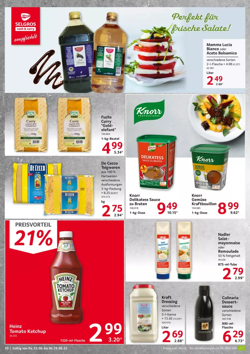 Aktueller Prospekt Selgros - Food - von 23.06 bis 29.06.2022 - strona 10 - produkty: aceto, aceto balsamico, balsam, balsamico, beutel, braten, culinaria, curry, delikatess sauce, dessert, dressing, ecco, eis, Elefant, flasche, hartweizen, knorr, kraft, mam, mayonnaise, nadler, preisvorteil, reis, remoulade, Ria, salat, sauce, teigwaren, Ti, Yo