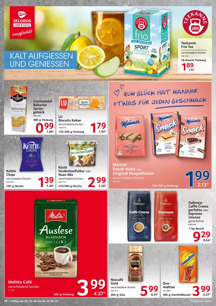 Aktueller Prospekt Selgros - Food - von 23.06 bis 29.06.2022 - strona 18 - produkty: Becher, beutel, bier, bohne, chips, dallmayr, ente, espresso, haselnuss, intenso, keks, kekse, mac, Manner, nescafe, nuss, schnitten, studentenfutter, tee, teekanne, Ti