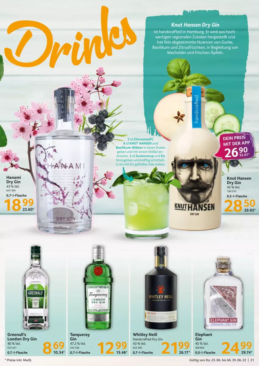 Aktueller Prospekt Selgros - Food - von 23.06 bis 29.06.2022 - strona 21 - produkty: basilikum, dry gin, eis, flasche, früchte, früchten, gin, gurke, london dry, london dry gin, Nuance, reis, saft, shake, sirup, Tanqueray, Ti, zitrone, zitronen, zitronensaft, zucker