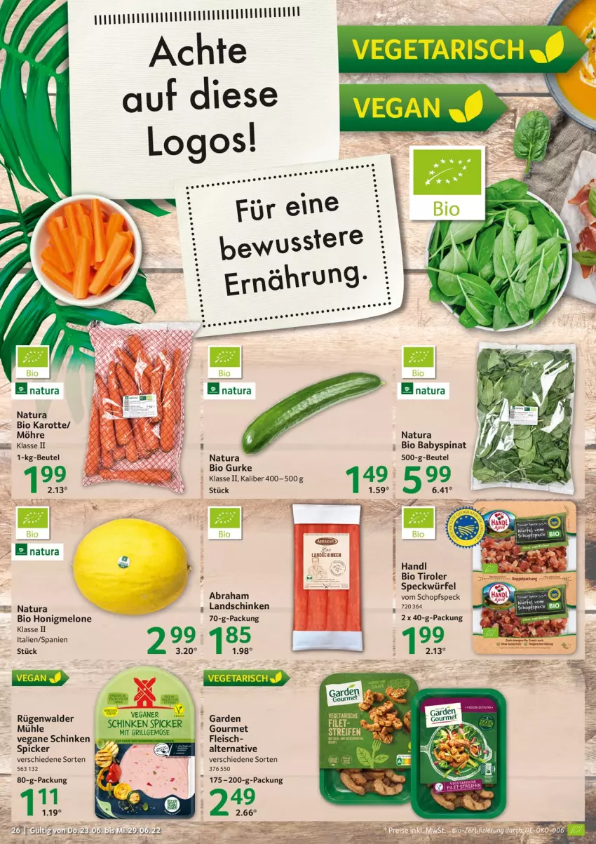 Aktueller Prospekt Selgros - Food - von 23.06 bis 29.06.2022 - strona 26 - produkty: Babyspinat, beutel, bio, eis, fleisch, grill, gurke, Heu, honig, honigmelone, landschinken, LG, melone, natur, natura, rügenwalder, schinken, schinken spicker, Speck, spinat, Ti, Vegeta, würfel