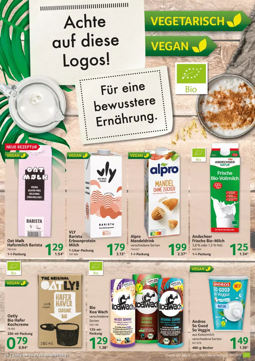 Aktueller Prospekt Selgros - Food - von 23.06 bis 29.06.2022 - strona 28 - produkty: alpro, Becher, bio, creme, drink, erbsen, gin, hafer, mandel, Mandeldrink, milch, natur, tuner, Vegeta, veggie