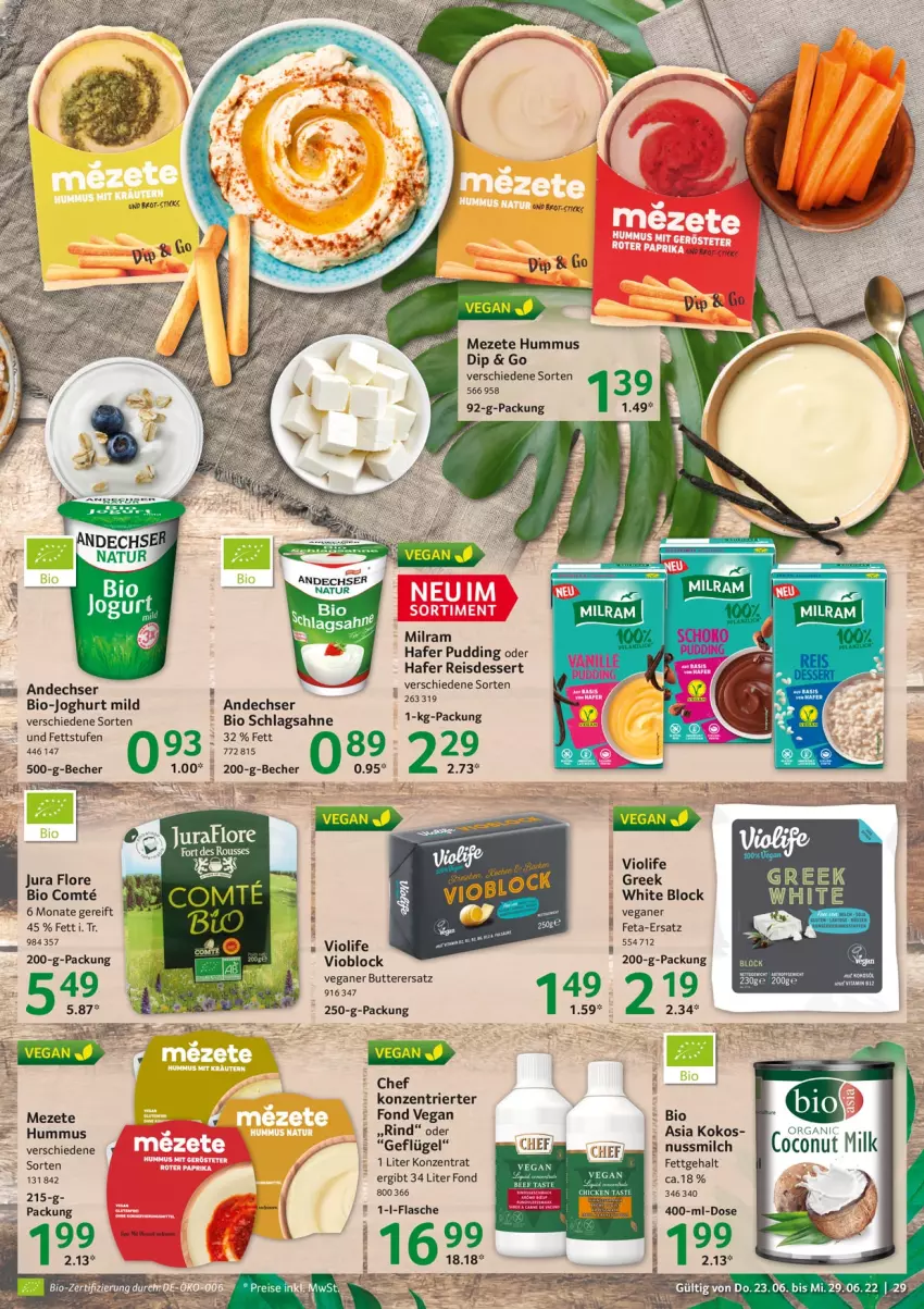 Aktueller Prospekt Selgros - Food - von 23.06 bis 29.06.2022 - strona 29 - produkty: Becher, bio, bio-joghurt, brot, butter, coconut, dessert, dip, eis, feta, Geflügel, hafer, hummus, joghur, joghurt, joghurt mild, Jura, kokos, lion, milch, milram, natur, nuss, pudding, Rana, reis, sahne, schlagsahne, tee, Ti