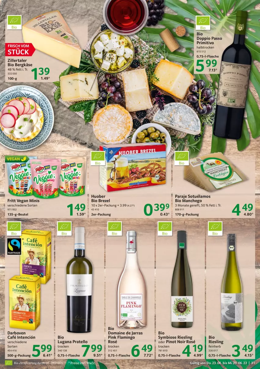 Aktueller Prospekt Selgros - Food - von 23.06 bis 29.06.2022 - strona 31 - produkty: Bergkäse, beutel, bio, brezel, darbo, darboven, doppio passo, flasche, huober, Käse, Manchego, passo, Pinot, pinot noir, primitivo, riesling, Ti