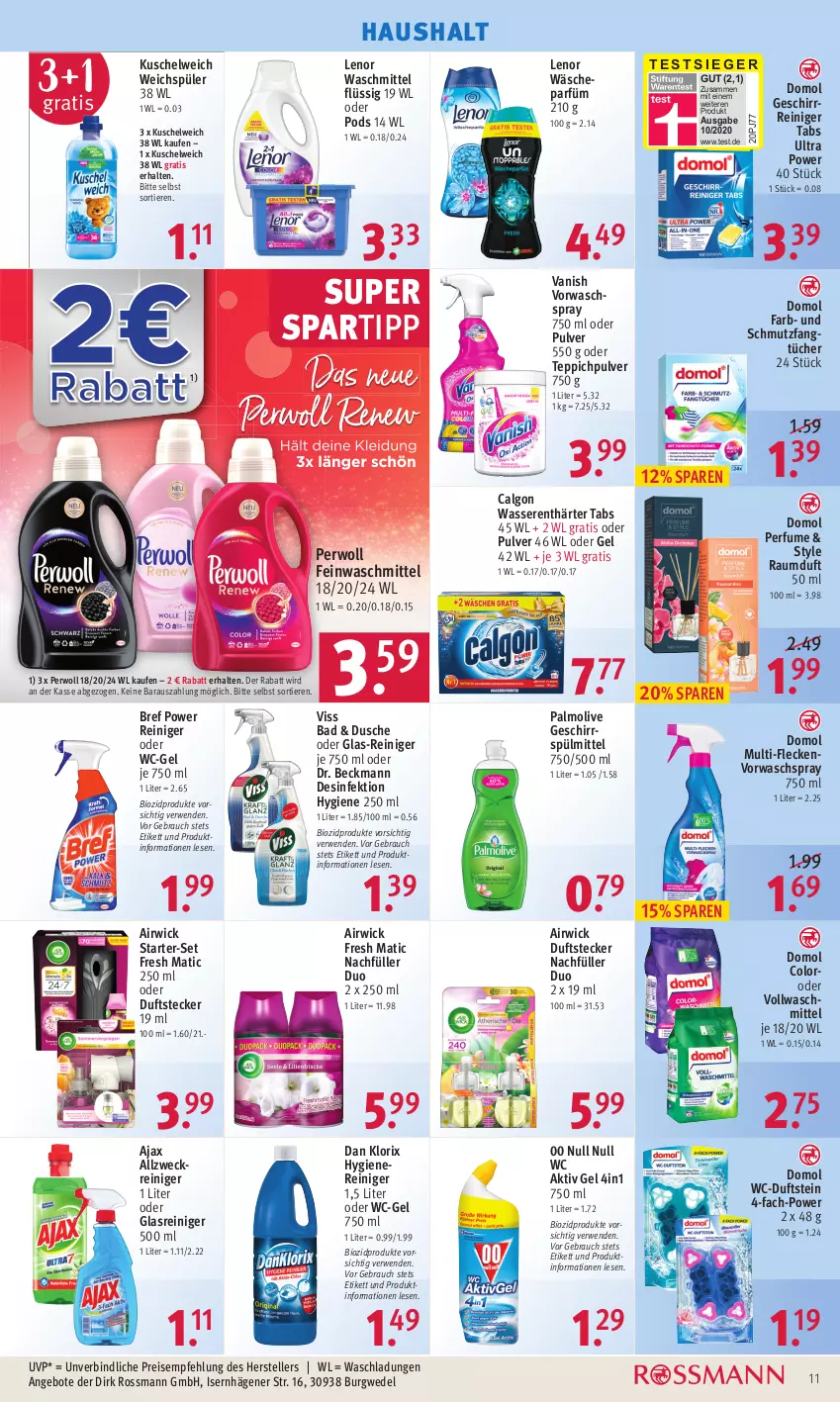 Aktueller Prospekt Rossmann - Prospekte - von 28.03 bis 01.04.2022 - strona 11 - produkty: airwick, ajax, aktiv gel, allzweckreiniger, angebot, angebote, Bad, bio, biozidprodukte, Bref, bref power, calgon, Desinfektion, Domol, Dr. Beckmann, dusche, eis, elle, Fangtücher, feinwaschmittel, geschirr, geschirrspülmittel, Glasreiniger, HP, Kuschelweich, lenor, lenor waschmittel, LG, olive, palmolive, perwoll, Pods, Rauch, Raumduft, reiniger, reis, rwe, spartipp, spülmittel, teller, teppich, Ti, Tiere, tücher, vanish, vollwaschmittel, wäscheparfüm, waschmittel, wasser, wasserenthärter, Wasserenthärter Tabs, wc-gel, weck, wedel, weichspüler, WICK