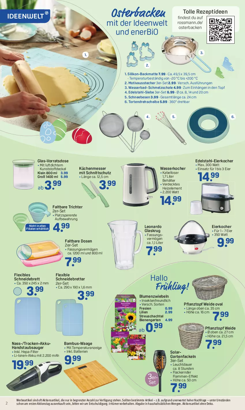 Aktueller Prospekt Rossmann - Prospekte - von 28.03 bis 01.04.2022 - strona 2 - produkty: akku, auer, Ausstecher, Backmatte, Bad, bambus, batterie, batterien, Behälter, bio, blume, blumen, decke, Deckel, edelstahl, eier, Eierkocher, erde, Garten, Gartenfackel, handstaubsauger, Kocher, küche, Küchen, lack, Lacke, lamm, leonardo, messer, Pflanztopf, rezept, Schal, Schale, Schmelzschale, Schneebesen, schneidebrett, sekt, staubsauger, Ti, topf, torte, Waage, wasser, wasserkocher, ZTE, zwiebel, zwiebeln