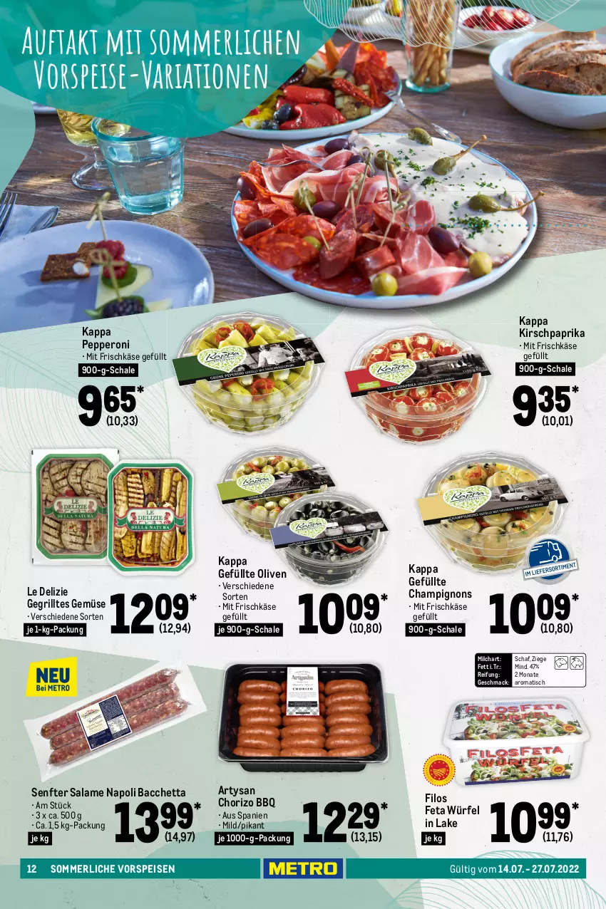 Aktueller Prospekt Metro - GastroJournal - von 14.07 bis 27.07.2022 - strona 12 - produkty: ACC, Becher, beutel, champignon, champignons, chorizo, creme, eier, eierspätzle, eis, elle, feinkost, feta, filet, filets, fisch, fische, forelle, frischkäse, Gegrilltes Gemüse, grill, gurke, gurken, hering, Herings, HP, joghur, joghurt, kappa, kartoffel, Käse, kirsch, knoblauch, kräuter, kräutern, küche, mac, marinade, merl, milch, Ofen, olive, oliven, paprika, pasta, Peroni, quark, rel, ring, rwe, salat, Schal, Schale, senf, steinofen, Ti, tisch, top-hit, tzatziki, vorspeise, Waage, wasser, würfel