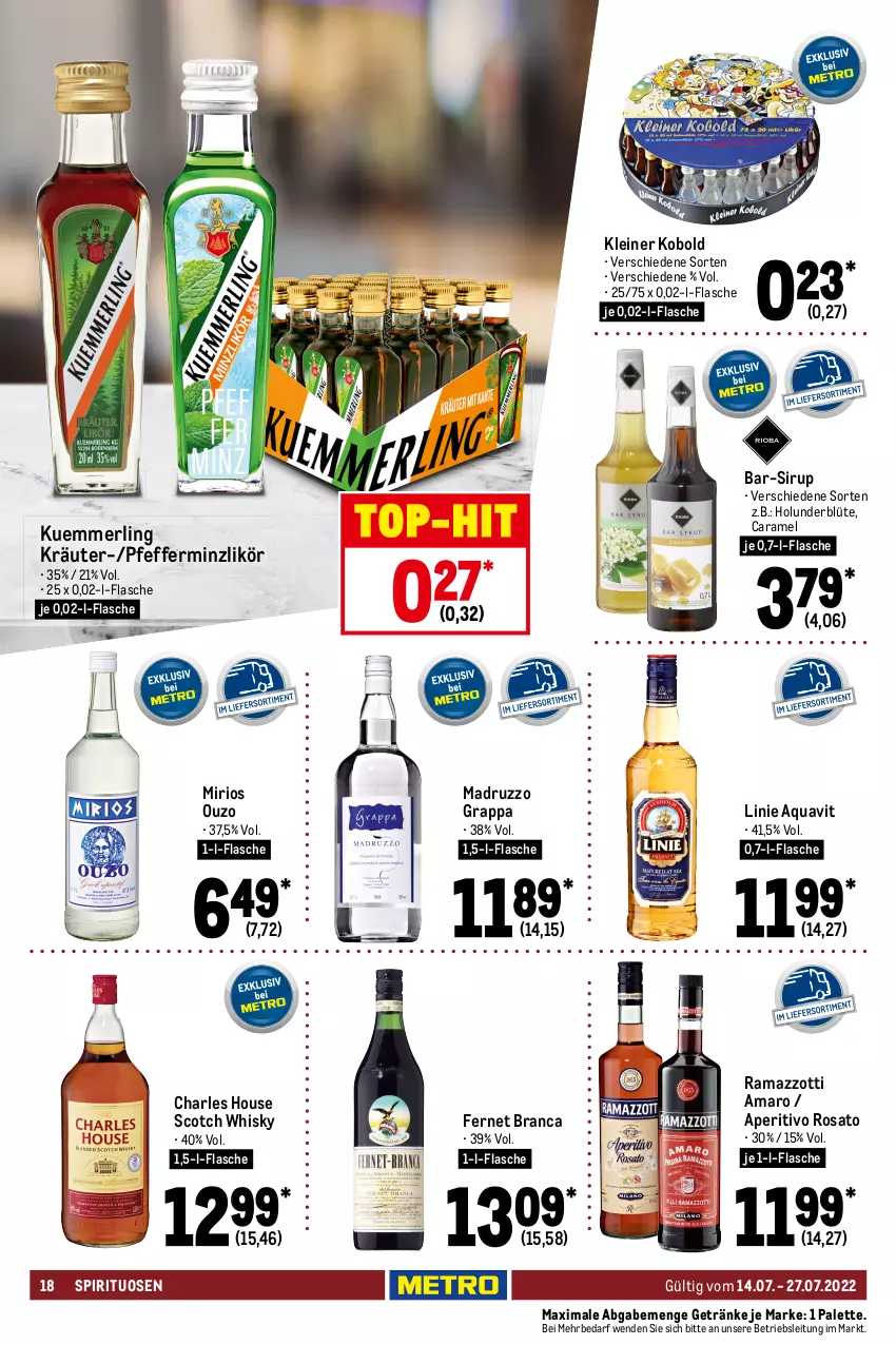 Aktueller Prospekt Metro - GastroJournal - von 14.07 bis 27.07.2022 - strona 18 - produkty: amaro, aperitivo rosato, aqua, aquavit, auto, ball, Blüte, bourbon, bourbon whiskey, braun, Cap, captain morgan, caramel, dry gin, eis, Fernet, fernet branca, flasche, getränk, getränke, gin, Gorbatschow, gordon, grappa, holunder, holunderblüte, jim beam, johnnie walker, kräuter, kuemmerling, leine, LG, likör, london dry, london dry gin, merl, Molinari, ouzo, Palette, pfeffer, pfefferminzlikör, rama, ramazzott, ramazzotti, reis, rosato, rum, sambuca, scotch, scotch whisky, Sierra, sierra tequila, sirup, spirituosen, tequila, Ti, tisch, top-hit, whiskey, whisky, wodka, zott