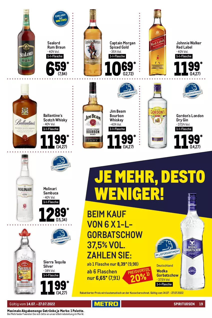 Aktueller Prospekt Metro - GastroJournal - von 14.07 bis 27.07.2022 - strona 19 - produkty: amaro, aperitivo rosato, aqua, aquavit, auto, ball, Blüte, bourbon, bourbon whiskey, braun, Cap, captain morgan, caramel, dry gin, eis, Fernet, fernet branca, flasche, getränk, getränke, gin, Gorbatschow, gordon, grappa, holunder, holunderblüte, jim beam, johnnie walker, kräuter, kuemmerling, leine, LG, likör, london dry, london dry gin, merl, Molinari, ouzo, Palette, pfeffer, pfefferminzlikör, rama, ramazzott, ramazzotti, reis, rosato, rum, sambuca, scotch, scotch whisky, Sierra, sierra tequila, sirup, spirituosen, tequila, Ti, tisch, top-hit, whiskey, whisky, wodka, zott