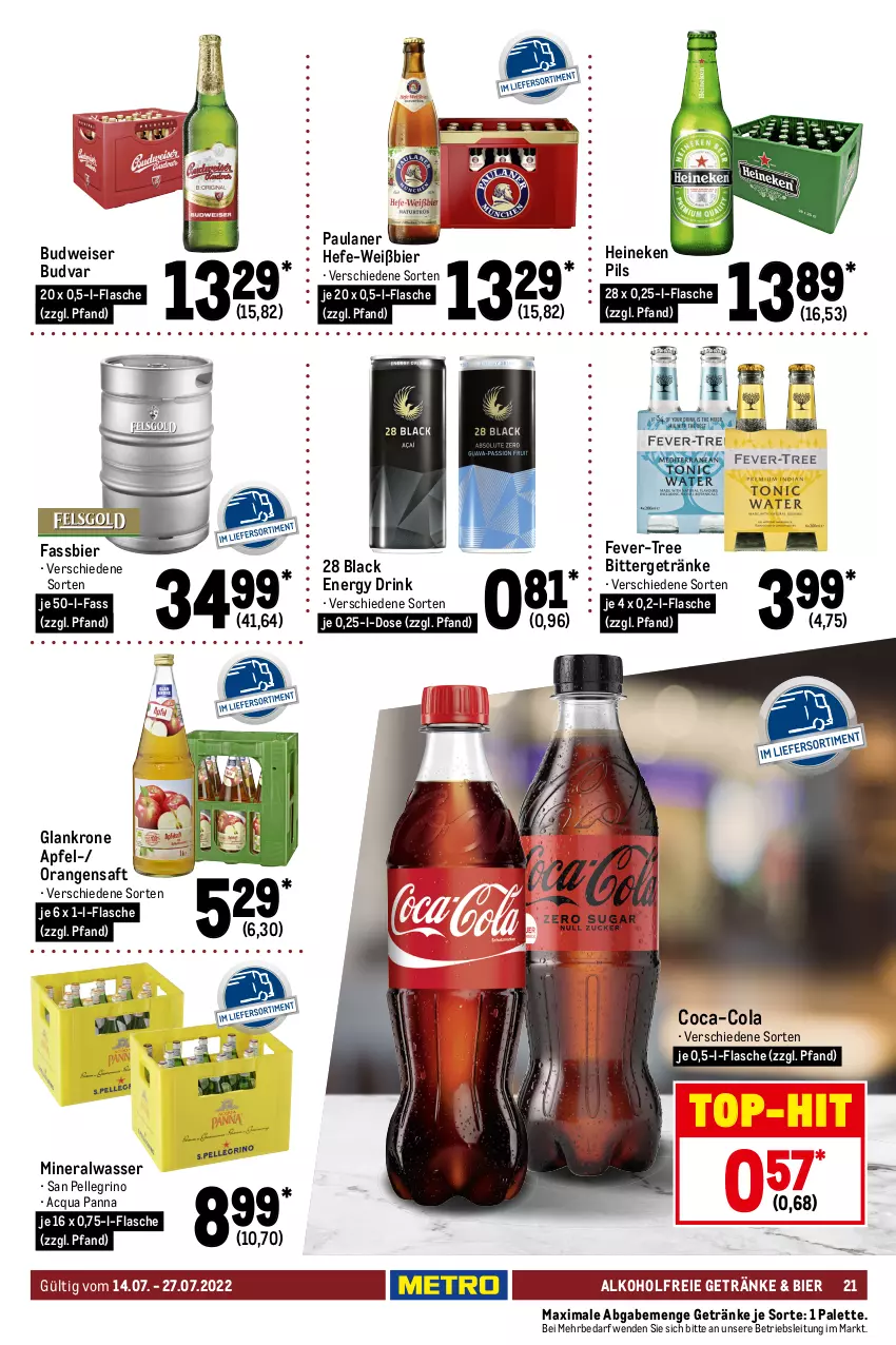 Aktueller Prospekt Metro - GastroJournal - von 14.07 bis 27.07.2022 - strona 21 - produkty: alkohol, Alwa, apfel, asti, auer, auto, Bad, beere, beeren, bier, Blüte, bree, brombeere, brombeeren, budweiser, burgunder, coca-cola, cola, cuvée, dornfelder, drink, ecco, eis, elle, energy drink, ente, fever-tree, flasche, frucht, getränk, getränke, grauburgunder, Hefe, heineken, kirsch, kirsche, kirschen, krone, lack, Lenz Moser, LG, mac, mandel, mandeln, mineralwasser, mionetto, mm extra, moser, mw-flasche, orange, orangen, orangensaft, Palette, Paula, paulaner, pils, prosecco, puma, rotkäppchen, rwe, saft, san pellegrino, sauerkirschen, sauvignon, sauvignon blanc, sekt, spumante, Ti, tisch, top-hit, valdo, wasser, wein, zitrone, zitronen