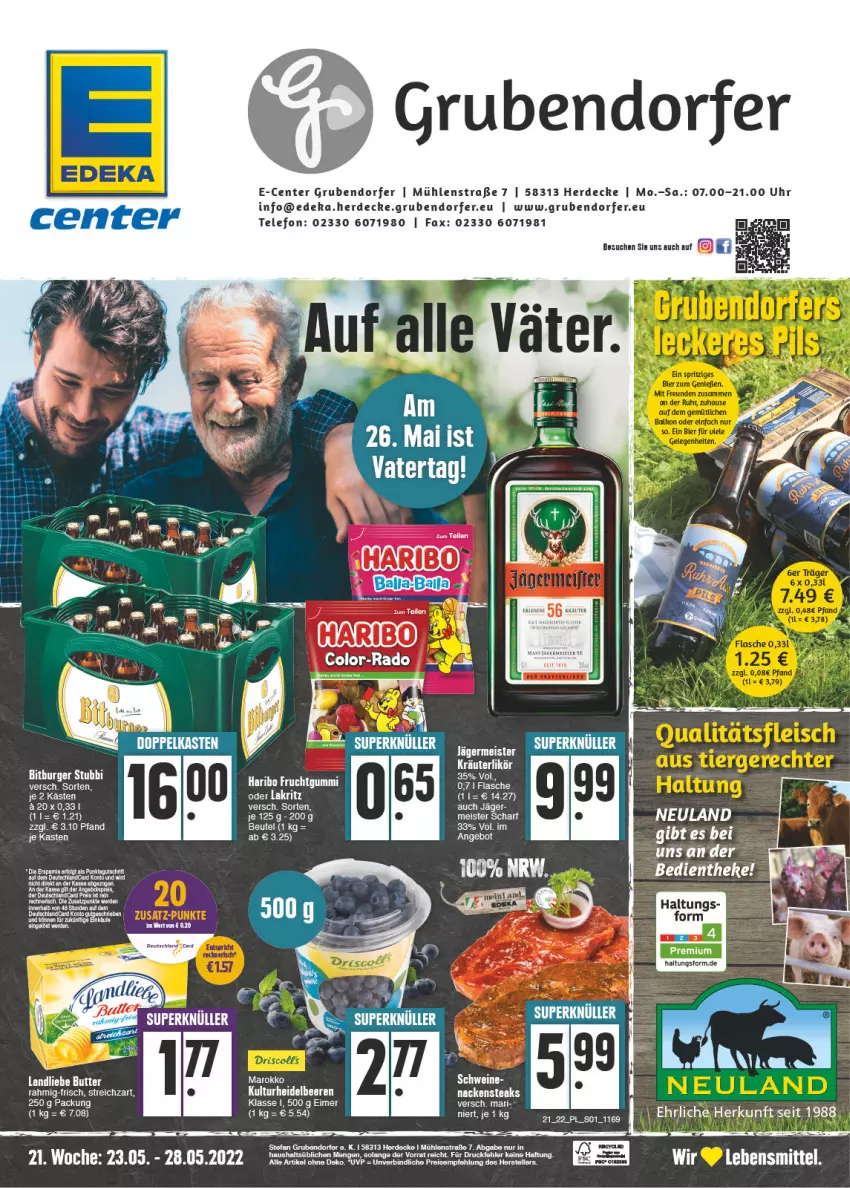 Aktueller Prospekt E Center - Angebote der Woche - von 23.05 bis 28.05.2022 - strona 1 - produkty: angebot, beere, beeren, bett, beutel, brie, butter, decke, deka, eier, eimer, eis, ente, erde, haribo, heidelbeere, heidelbeeren, kräuter, kräuterlikör, Lakritz, landliebe, lebensmittel, LG, likör, Nackensteak, nackensteaks, oder lakritz, steak, steaks, Streichzart, tee, telefon, Ti, uhr