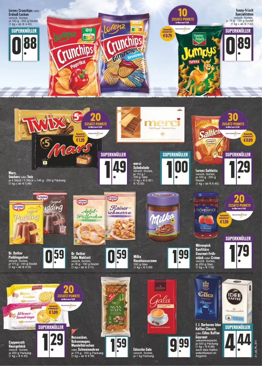 Aktueller Prospekt E Center - Angebote der Woche - von 23.05 bis 28.05.2022 - strona 11 - produkty: angebot, beutel, chips, creme, crunchips, funny-frisch, haselnuss, Haselnusscreme, hörnchen, kaffee, Kaiser, lorenz, lorenz crunchips, mandel, milka, nuss, paprika, pudding, ring, saltletts, schoko, schokolade, Spezi, wein, weine, wiener