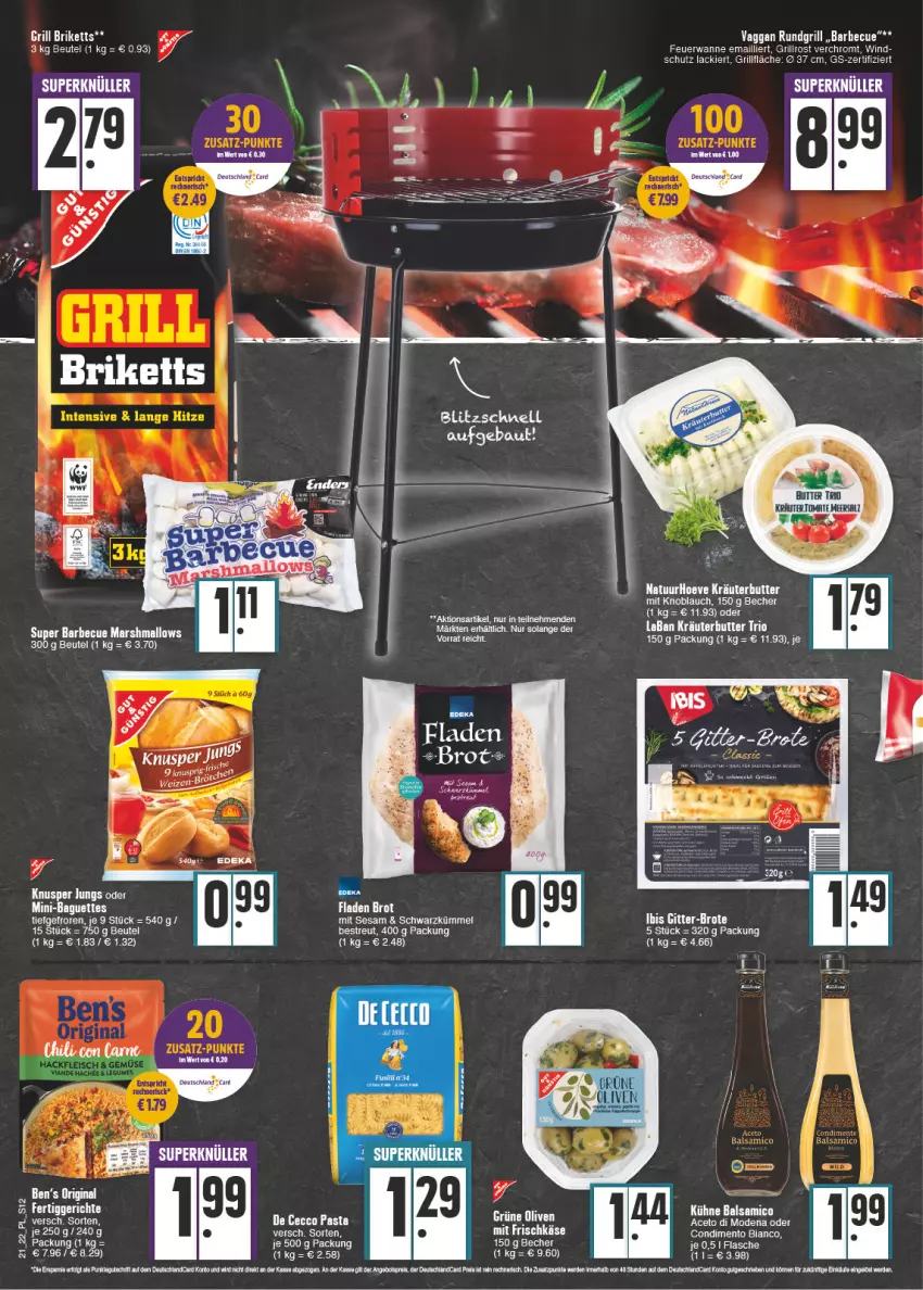 Aktueller Prospekt E Center - Angebote der Woche - von 23.05 bis 28.05.2022 - strona 12 - produkty: aceto, baguette, baguettes, balsam, balsamico, barbecue, Bau, Becher, beutel, briketts, brot, butter, condimento, Condimento Bianco, De Cecco, ecco, elle, flasche, frischkäse, grill, grillfläche, grillrost, Käse, knoblauch, kräuter, kräuterbutter, Kühne, lack, mars, mit knoblauch, Mode, pasta, rundgrill, tee, Ti, Wanne