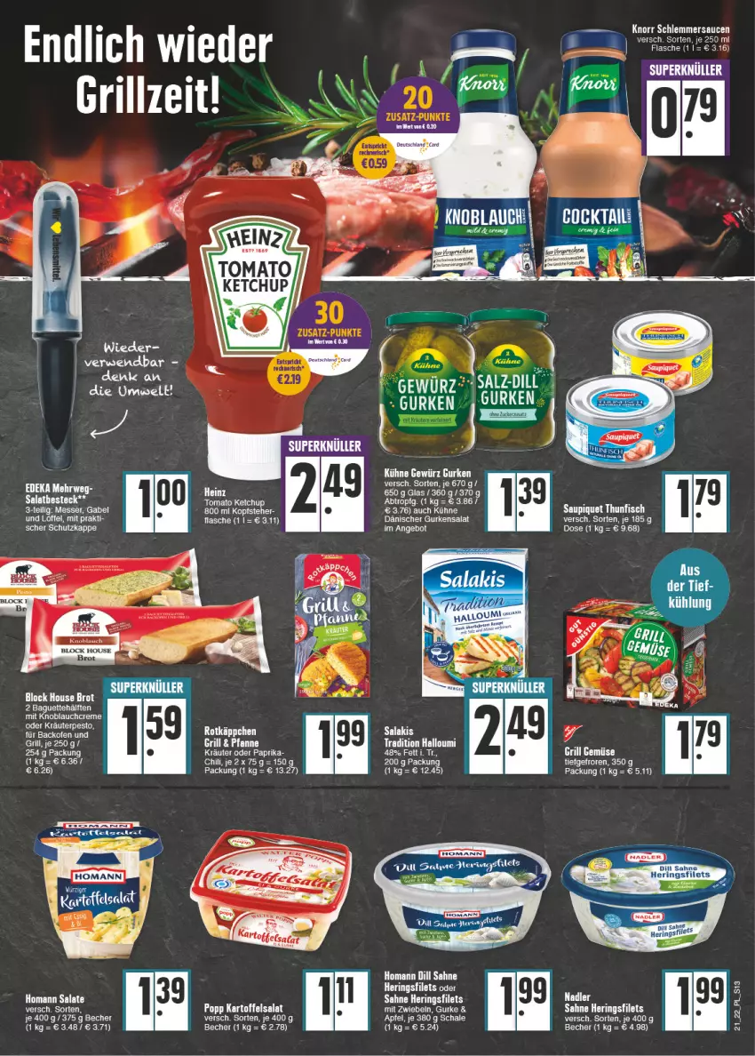 Aktueller Prospekt E Center - Angebote der Woche - von 23.05 bis 28.05.2022 - strona 13 - produkty: angebot, apfel, Becher, brot, creme, filet, filets, fisch, flasche, gewürz, grill, gurke, gurken, gurkensalat, Halloumi, heinz, hering, Herings, heringsfilets, homann, ketchup, knoblauch, Knoblauchcreme, knorr, kräuter, Kühne, LG, Löffel, mit knoblauch, mit zwiebeln, nadler, oder kräuter, paprika, pesto, ring, rwe, sahne, salakis, salat, salate, sauce, saucen, saupiquet, Schal, Schale, schlemmersauce, schlemmersaucen, thunfisch, Ti, tomato ketchup, zwiebel, zwiebeln