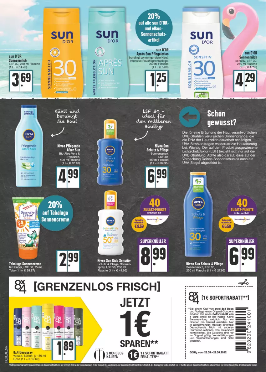 Aktueller Prospekt E Center - Angebote der Woche - von 23.05 bis 28.05.2022 - strona 14 - produkty: after sun, auer, coupon, coupons, creme, deo, deospray, eier, elle, ente, flasche, gin, Kinder, milch, nivea, nivea sun, rum, sac, sofortrabatt, sonnencreme, Sonnencreme für Kinder, sonnenmilch, sonnenschutz, sonnenspray, tee, Ti