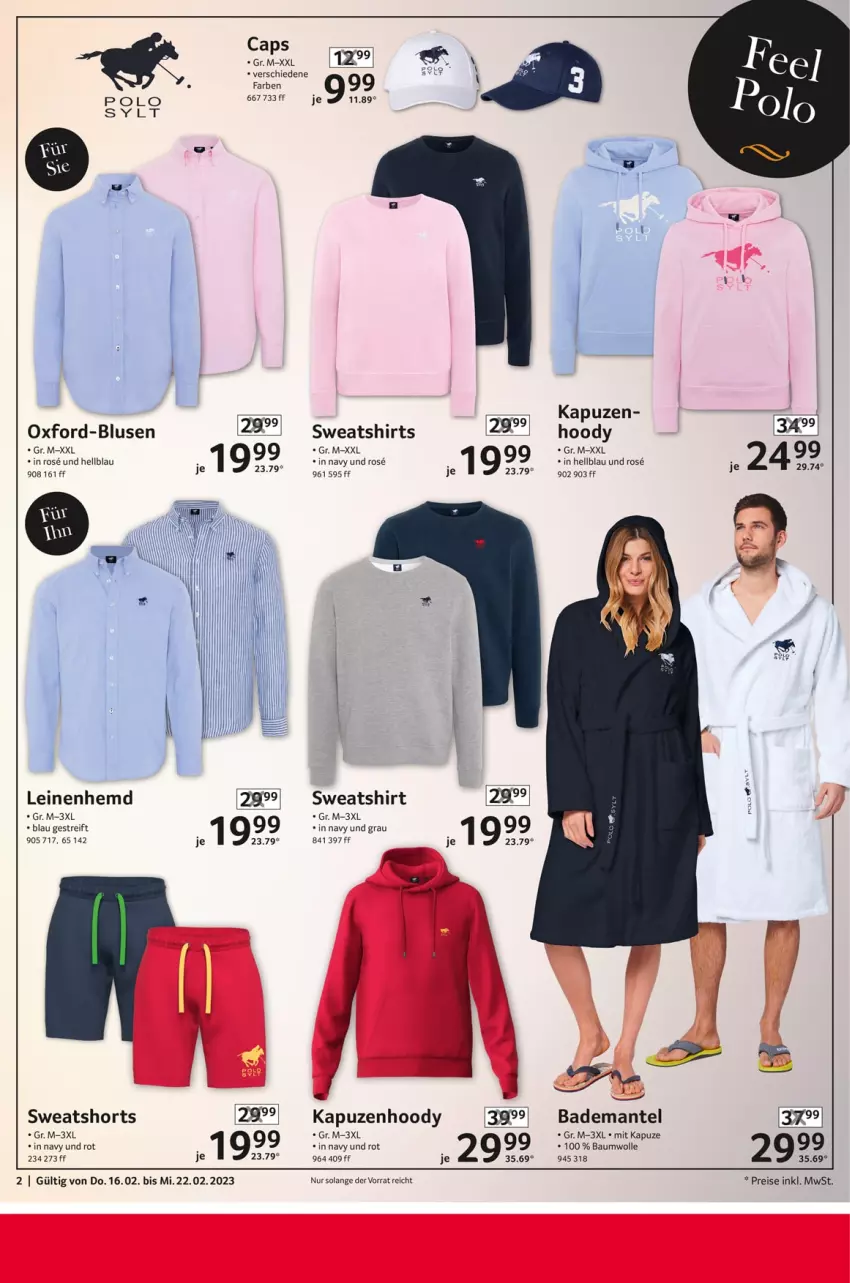 Aktueller Prospekt Selgros - Nonfood - von 16.02 bis 22.02.2023 - strona 2 - produkty: Bad, Bademantel, Bau, baumwolle, bluse, Cap, eis, hemd, leine, Mantel, reis, shirt, shirts, shorts, Sweatshirt, sweatshorts, Ti, wolle