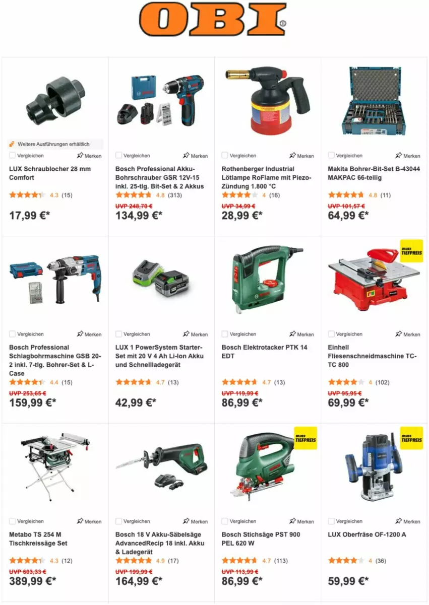 Aktueller Prospekt Obi - Prospekte - von 11.10 bis 31.10.2022 - strona 13 - produkty: akku, Akku-Säbelsäge, Berger, Bohrer-Set, Bohrschrauber, bosch, einhell, eis, Elektro, ladegerät, Lampe, LG, Makita, Oberfräse, reis, reiss, Ria, Säbelsäge, säge, schlagbohrmaschine, schnellladegerät, stichsäge, Ti, tisch, Tischkreissäge