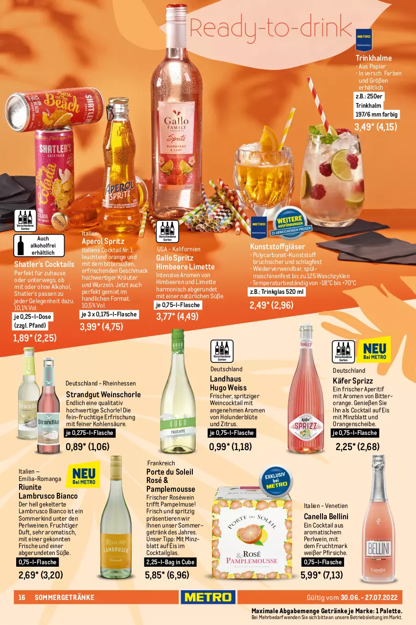 Aktueller Prospekt Metro - Summer Drinks - von 30.06 bis 27.07.2022 - strona 16 - produkty: alkohol, aperitif, aperol, bacardi, beere, beeren, Blüte, Bona, Cap, captain morgan, cocktail, cocktails, cola, dry gin, Effect, eis, flasche, frucht, Fruchtmark, gallo, getränk, getränke, gin, Gläser, Gorbatschow, gordon, Havana Club, himbeer, himbeere, himbeeren, holunder, holunderblüte, hugo, jack daniel, jim beam, käfer, kräuter, Lambrusco, Leuchte, leuchten, LG, limette, mac, maracuja, Mett, mojito, mousse, ohne alkohol, orange, orangen, Palette, papier, pfirsich, pfirsiche, roséwein, rum, rwe, schorle, sommergetränke, Sprizz, spülmaschinen, Ti, Tiere, tisch, tonic, trinkglas, Trinkhalme, vodka, wein, weine, weinschorle, white rum