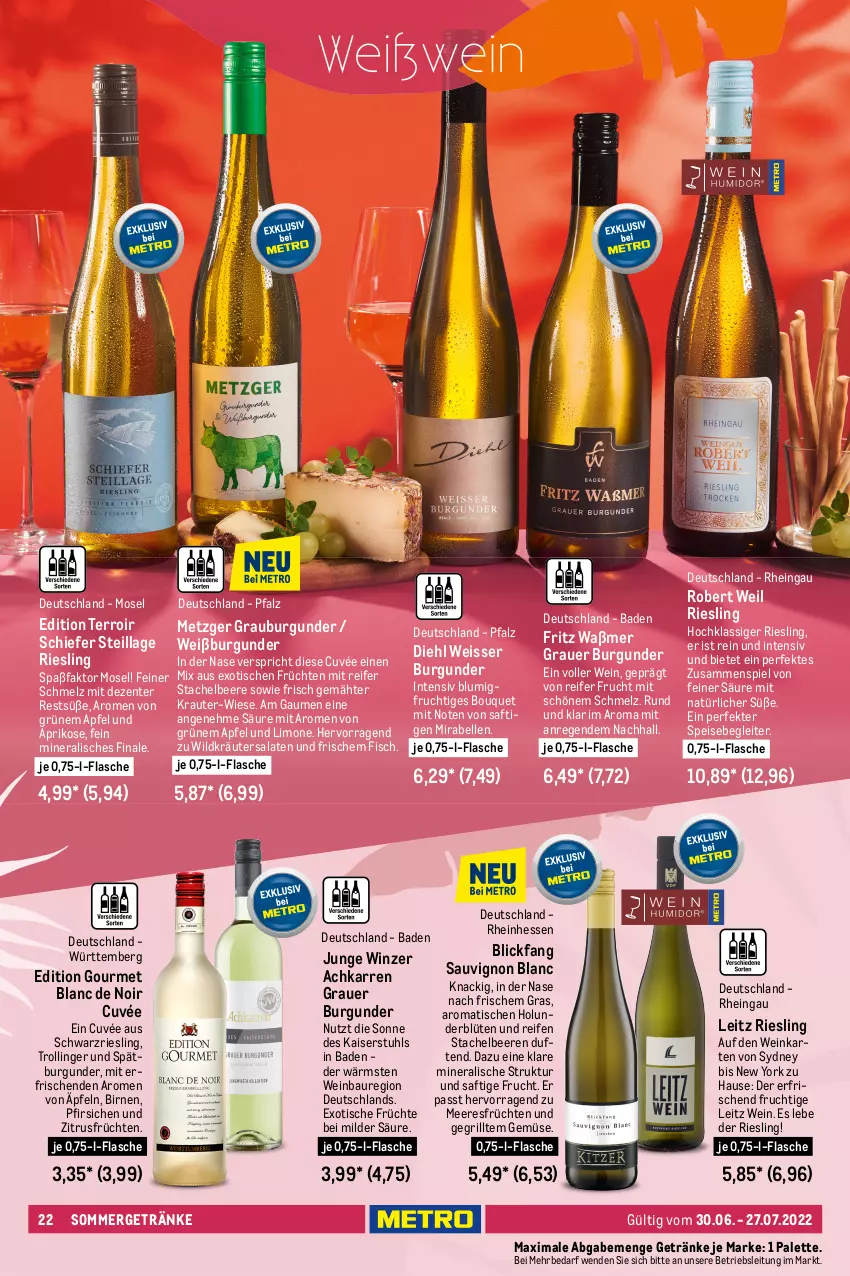 Aktueller Prospekt Metro - Summer Drinks - von 30.06 bis 27.07.2022 - strona 22 - produkty: apfel, aprikose, auer, Bad, Bau, beere, beeren, Birnen, blume, blumen, Blüte, burgunder, Côtes de Provence, cuvée, eis, elle, ente, erdbeere, erdbeeren, fisch, flasche, fleisch, fritz, frucht, früchte, früchten, getränk, getränke, grauburgunder, grauer burgunder, grill, himbeer, himbeere, himbeeren, holunder, holunderblüte, Kaiser, kirsch, kirsche, kirschen, Kraut, kräuter, kräutern, lavendel, leitz, limo, mac, meeresfrüchte, merl, mit frucht, Muscheln, nuss, Palette, pfirsich, pfirsiche, reifen, riesling, ring, rioja, rosato, saft, salat, salate, sauvignon, sauvignon blanc, schwarzriesling, sommergetränke, spätburgunder, spiegel, Stachelbeeren, stuhl, Ti, tisch, trolli, trollinger, wein, Weißburgunder, Wild, Yo, zitrone, zitronen