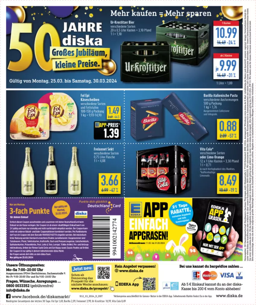 Aktueller Prospekt Diska - von 25.03 bis 30.03.2024 - strona 12 - produkty: angebot, angebote, Astra, barilla, brie, cola, coupon, deka, eis, ente, erde, freixenet, italienische pasta, limo, limonade, nuss, orange, pasta, reis, ring, sac, tee, Ti, uhr, vita, ZTE