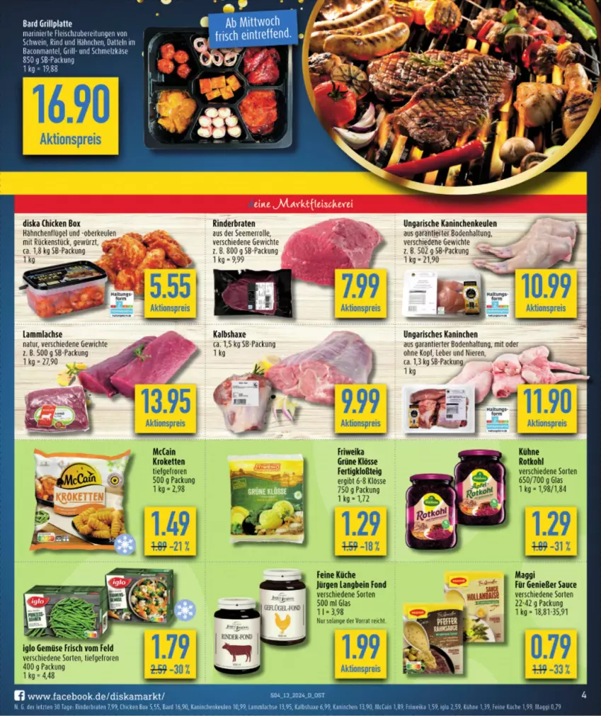 Aktueller Prospekt Diska - von 25.03 bis 30.03.2024 - strona 4 - produkty: aktionspreis, axe, bacon, braten, Datteln, eis, gewürz, grill, grillplatte, hähnchenflügel, Haxe, Kalbshaxe, Kaninchenkeule, Käse, Kette, Kroketten, küche, lachs, lamm, lammlachse, latte, maggi, Mantel, natur, reis, rind, rinder, rinderbraten, rotkohl, sauce, Schmelzkäse, schwein, Ti, wein